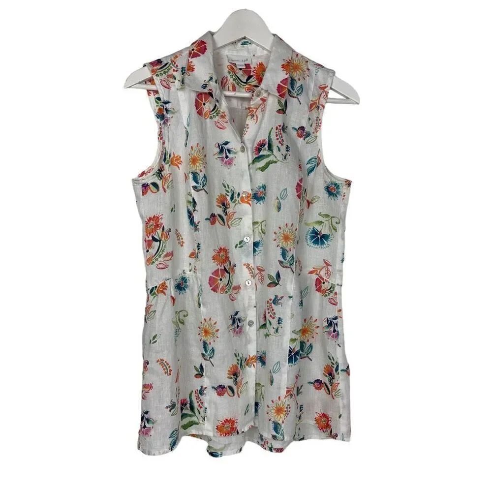 J. Jill Love Linen White Floral Peplum Tunic Sleeveless Top Women's Size Small P